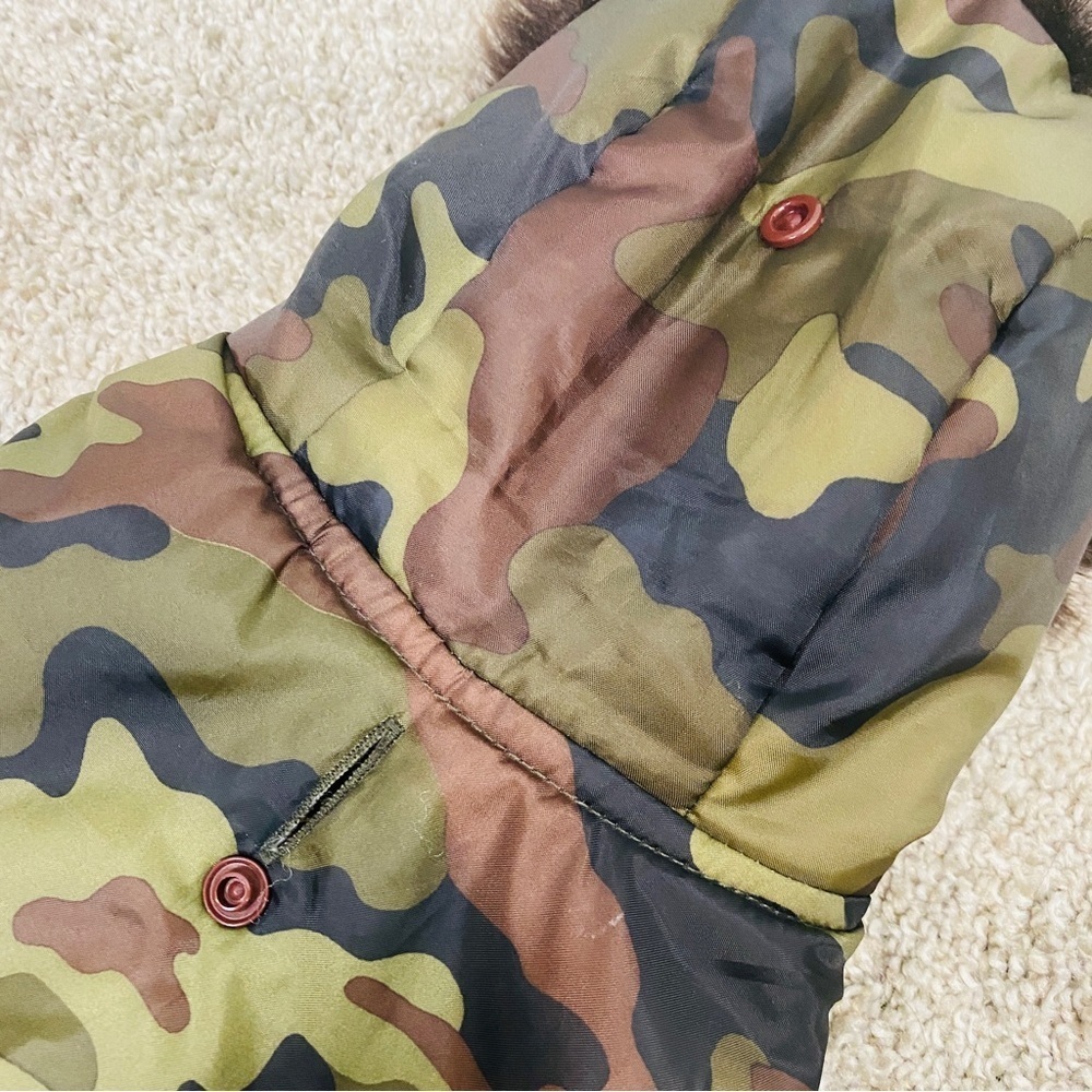 Simply Dog Camo Dog Coat Jacket Faux Fur Hood Trim - Picture 10 of 14